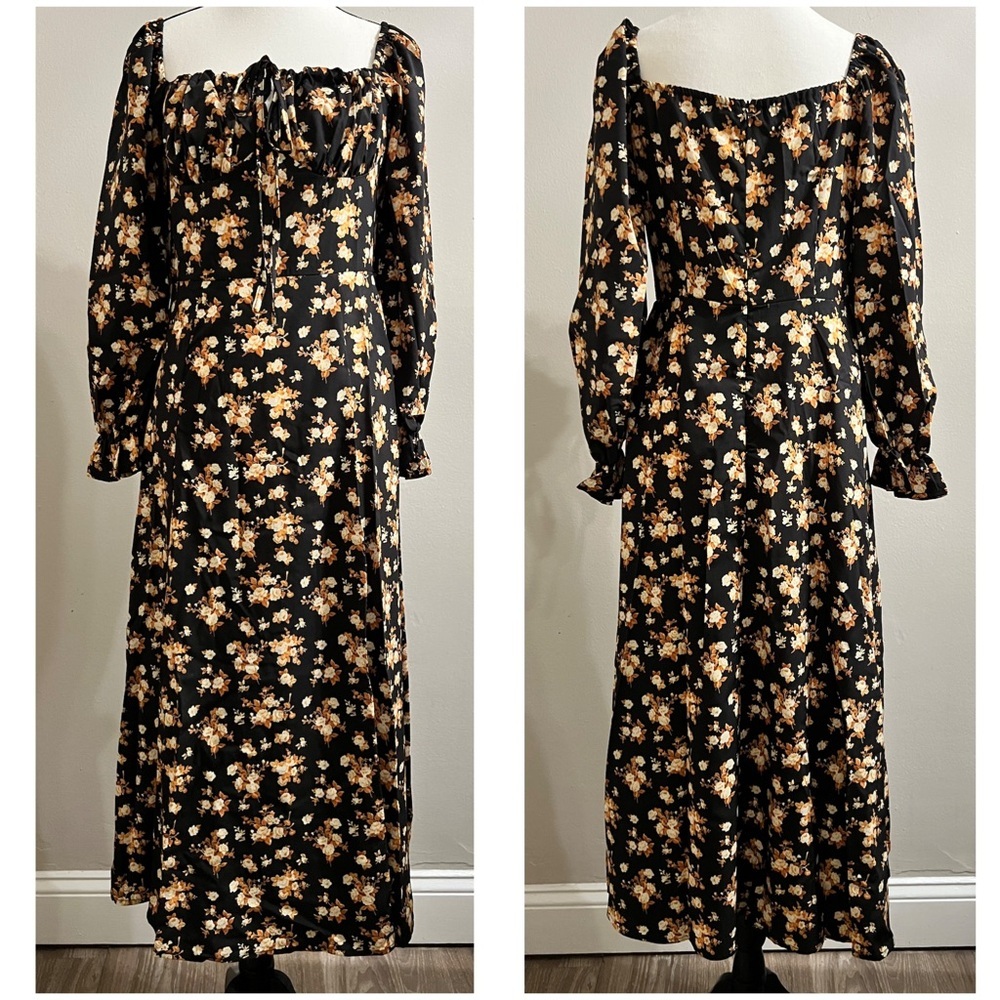 Black Floral Long Sleeve Square Neck Midi Dress